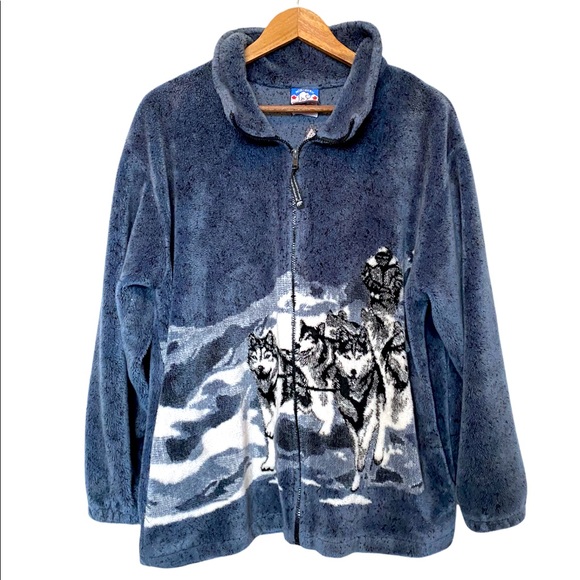 Sweaters - Vintage Sweater Grandmacore Fleece Graphic Dog Sled Cottagecore Blue/White/Black